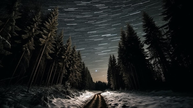 Pine forest in winter under the stars Generative AI