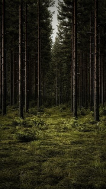 Pine Forest with Trees and Grassy Ground