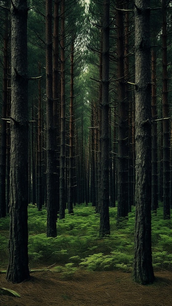 Pine Forest with Trees and Grassy Ground