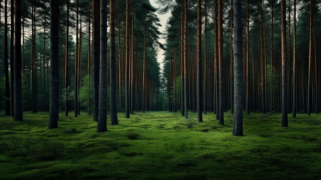 Pine Forest with Trees and Grassy Ground