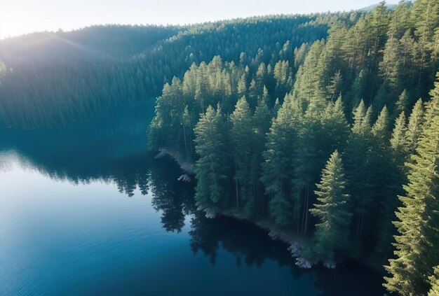 Photo pine haven reflections a serene morning at the mountain lake