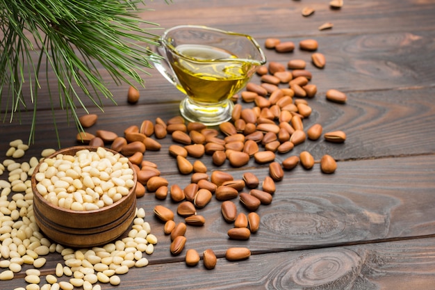 Pine nut kernels in wooden box.