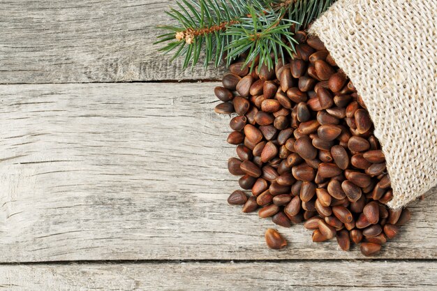 Pine nuts in a bag of burlap on an old vintage background with a fir green branch.