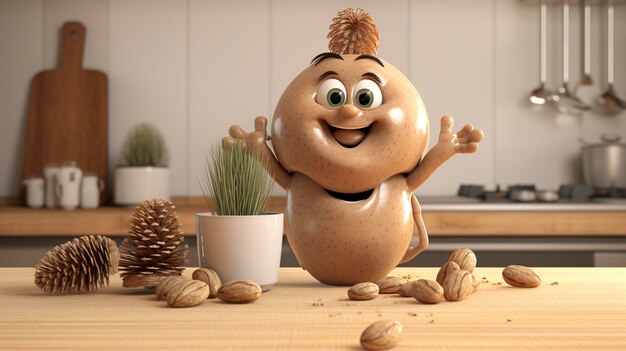 Pine nuts en een 3D-personage in een keuken