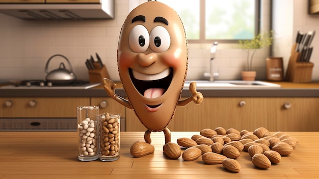 Pine nuts en een 3D-personage in een keuken