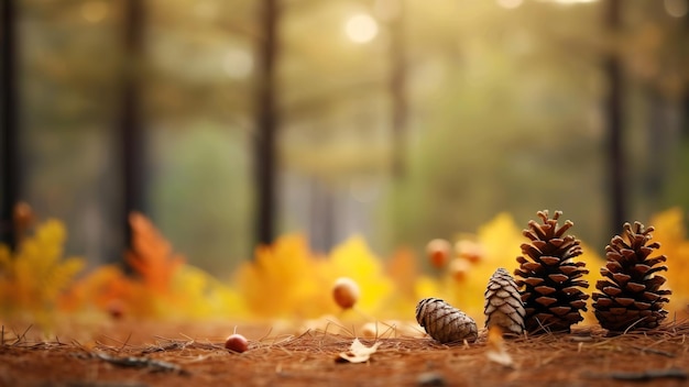 Pine plant and autumn leaves on the ground in the wood