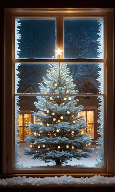 Сосна, украшенная мерцающими огнями, отраженными в морозной ночи в окне, средний снимок в помещении