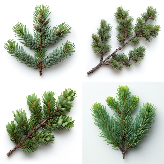 Pine tree branch border on a white background collection of 4 pieces AI