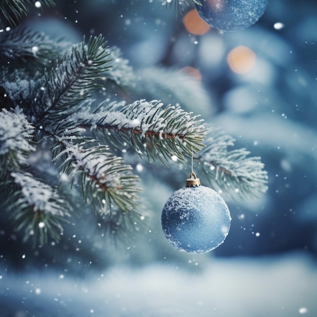 Pine tree decorated with christmas balls in snow winter on bokeh background