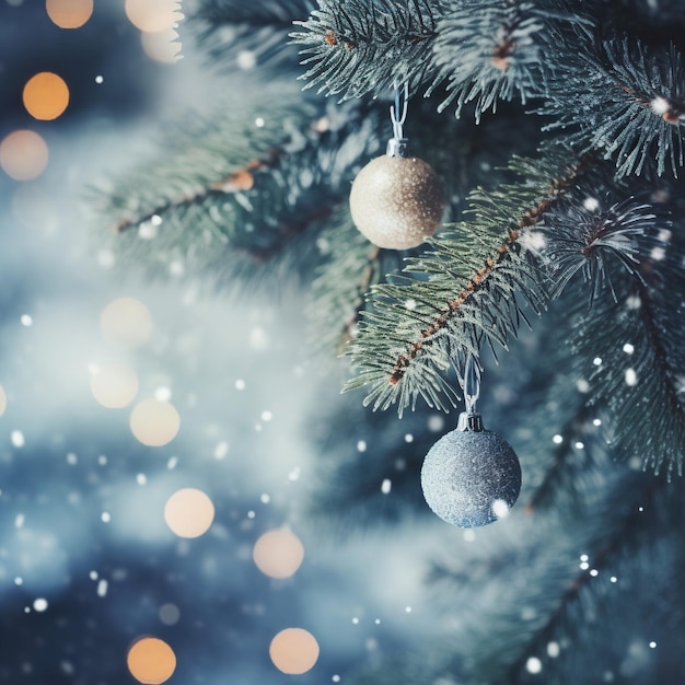 Pine tree decorated with christmas balls in snow winter on bokeh background