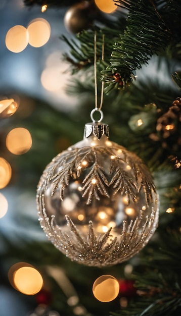 細なガラスのクリスマス飾りで飾られた松の木