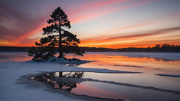 ロッキー山脈の日没時の凍った湖の松の木