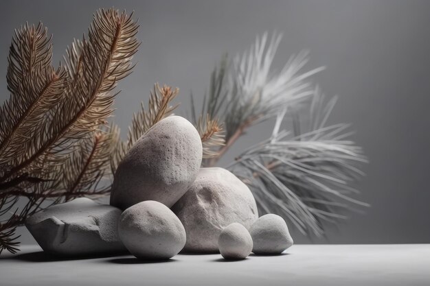 Pine tree standing next to a stack of rocks in a natural setting Generative AI