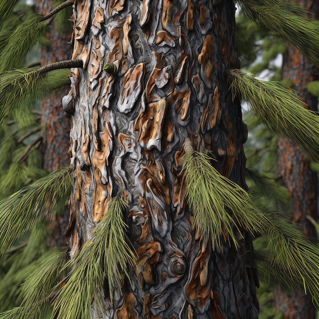 Photo pine tree trunk with green needles in the forest