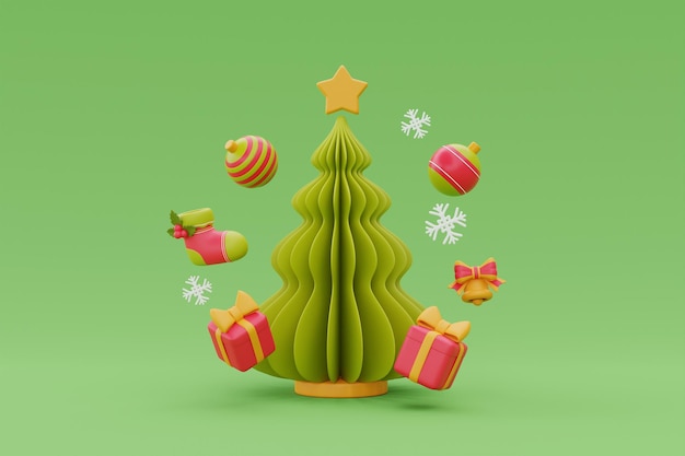 Pine tree with christmas ornament and Gingerbread Merry Christmas and Happy New Year 3d rendering