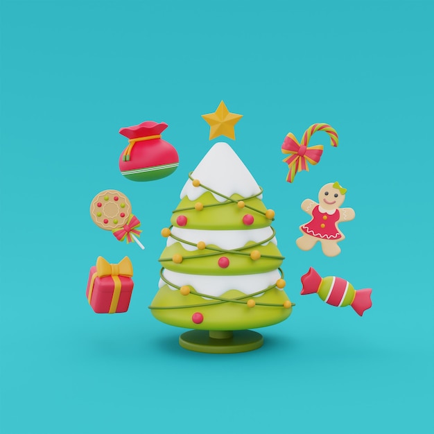 Pine tree with christmas ornament and Gingerbread Merry Christmas and Happy New Year 3d rendering