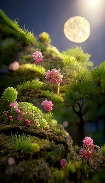 Pine tree with pink flowers in front of a full moon generative ai