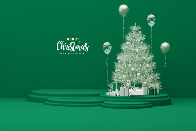 Pine tree with podium, gift box on dark green background. Stage for holiday 3d render