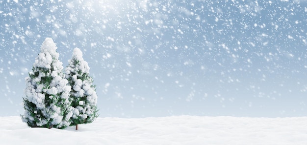 겨울 크리스마스 트리 3D 렌더링에 눈이 내리는 소나무