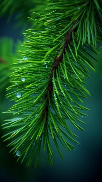a pine tree with water drops on it