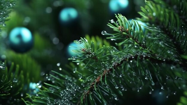 a pine tree with water drops on it