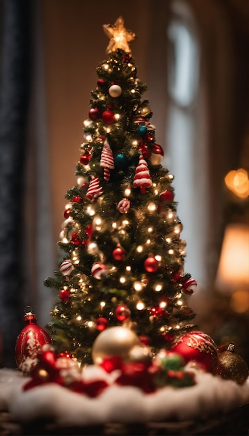 сосновое дерево с причудливыми и игривыми рождественскими украшениями, такими как игрушечные солдаты, конфеты и трости.