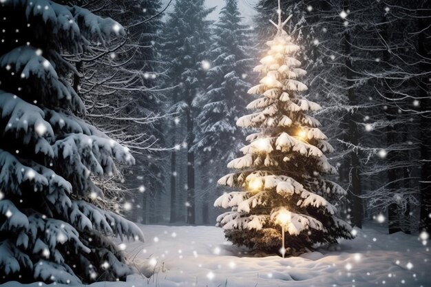 Photo pine trees or decorated christmas tree covered by snow on beautiful winter christmas theme outdoors