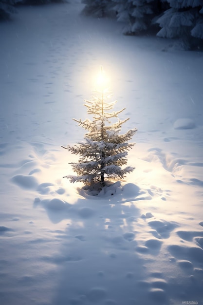 美しい冬のクリスマステーマで雪で覆われた松の木や装飾されたクリスマスツリー