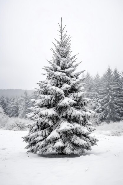 美しい冬のクリスマステーマで雪で覆われた松の木や装飾されたクリスマスツリー