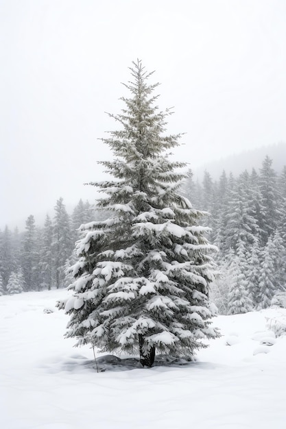 美しい冬のクリスマステーマで雪で覆われた松の木や装飾されたクリスマスツリー