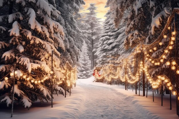 Pine trees or decorated christmas tree covered by snow on beautiful winter christmas theme outdoors