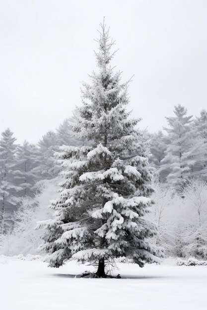 Сосновые деревья или украшенная рождественская елка, покрытая снегом на красивой зимней рождественской тематике на открытом воздухе
