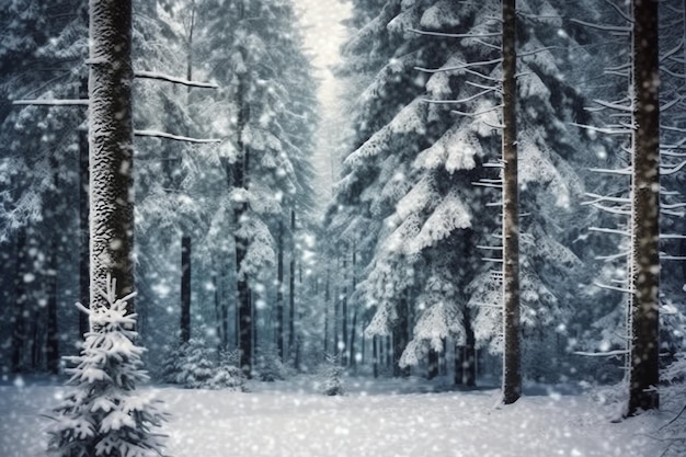 Pine trees or decorated christmas tree covered by snow on beautiful winter christmas theme outdoors