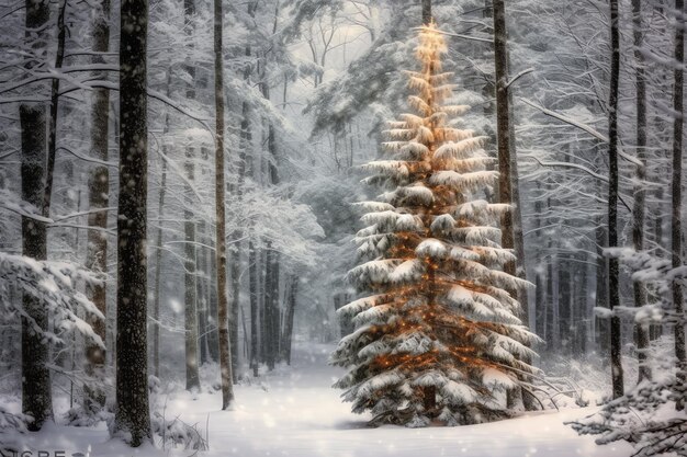 Pine trees or decorated christmas tree covered by snow on beautiful winter christmas theme outdoors