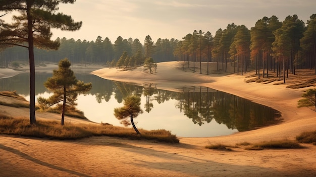 Pine Trees Frame Prachtig uitzicht op de duinen van het meer