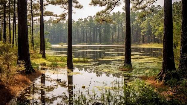 Pine Trees Frame Wetland Of Lake