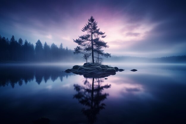 Pine trees and light reflecting off small island in lake in the style of light azure and violet