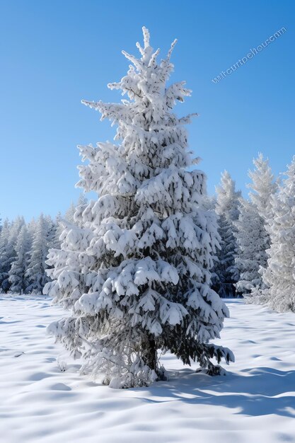 写真 美しい冬のクリスマステーマで雪で覆われた松の木や装飾されたクリスマスツリー