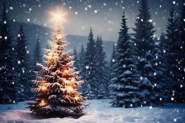 Фото Сосновые деревья или украшенная рождественская елка, покрытая снегом на красивой зимней рождественской тематике на открытом воздухе