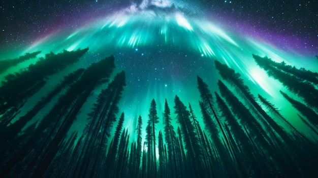 Foto gli alberi di pino che raggiungono un'illustrazione 3d abbagliante aurora boreale e cielo pieno di stelle