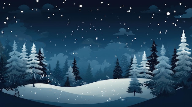 冬の野外で雪の中の松の木と星で満ちた空
