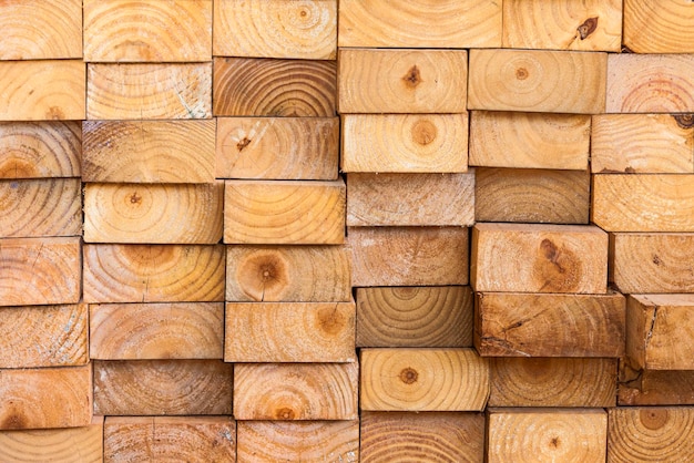 Pine wood planks stored in a sawmill for use in construction