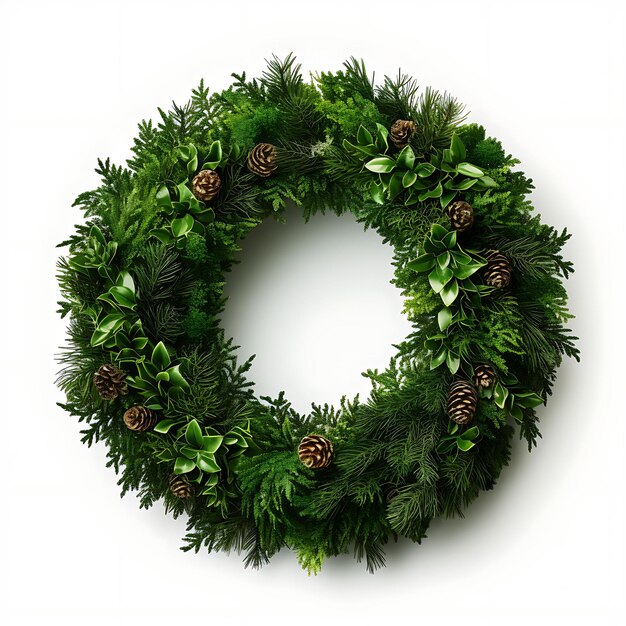 Photo pine wreaths natural decoration green color circular wreath isolated on white background