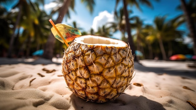 A pineapple on a beach with palm trees in the background