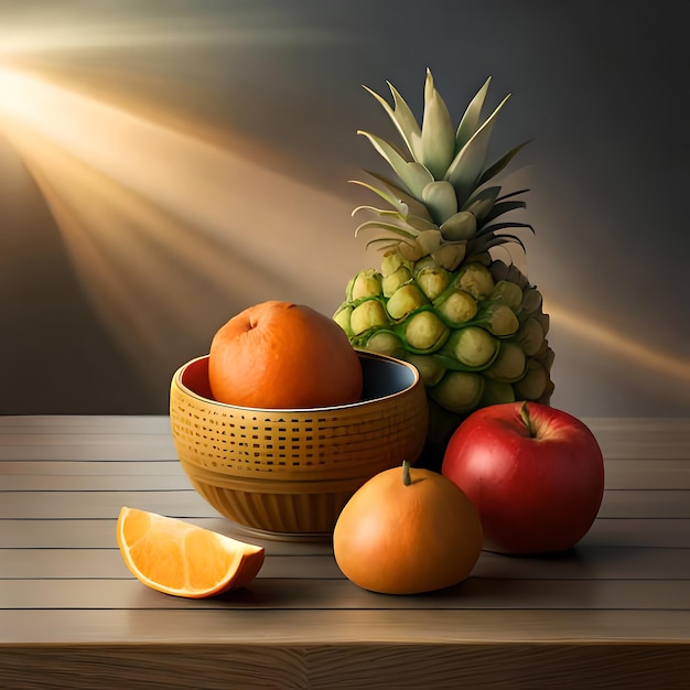 a pineapple and a bowl of fruit on a table