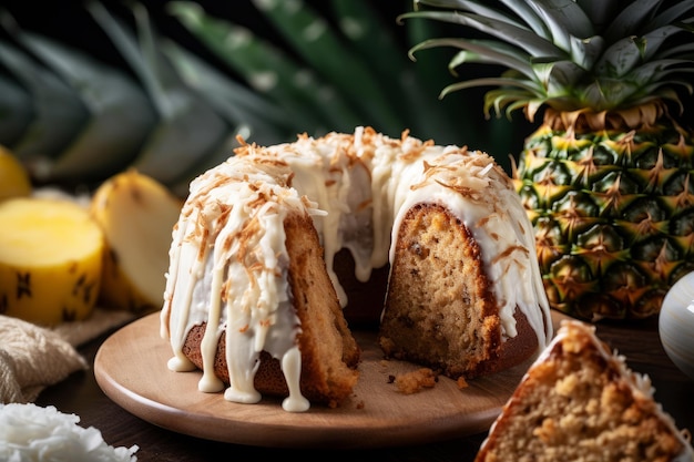 A pineapple cake with a slice cut out of it