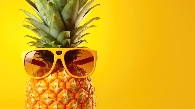 Pineapple character in sunglasses on a yellow background Stylish summer fruit