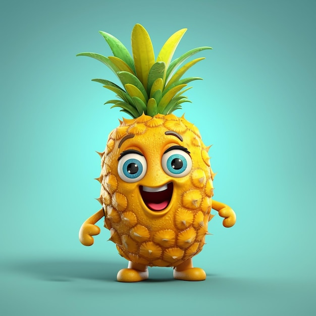 A pineapple character with blue eyes and a green top.