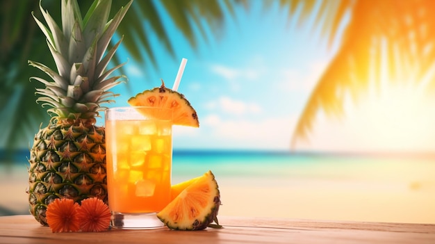 A pineapple cocktail on a beach with a beach in the background