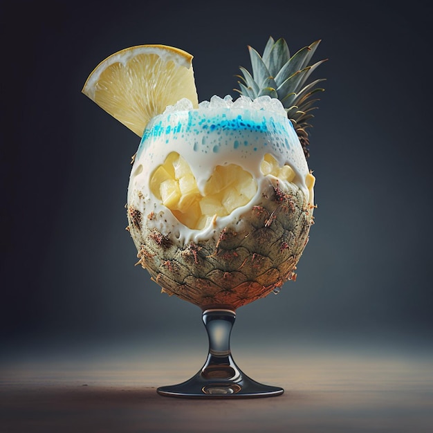A pineapple cocktail with a lemon wedge in it